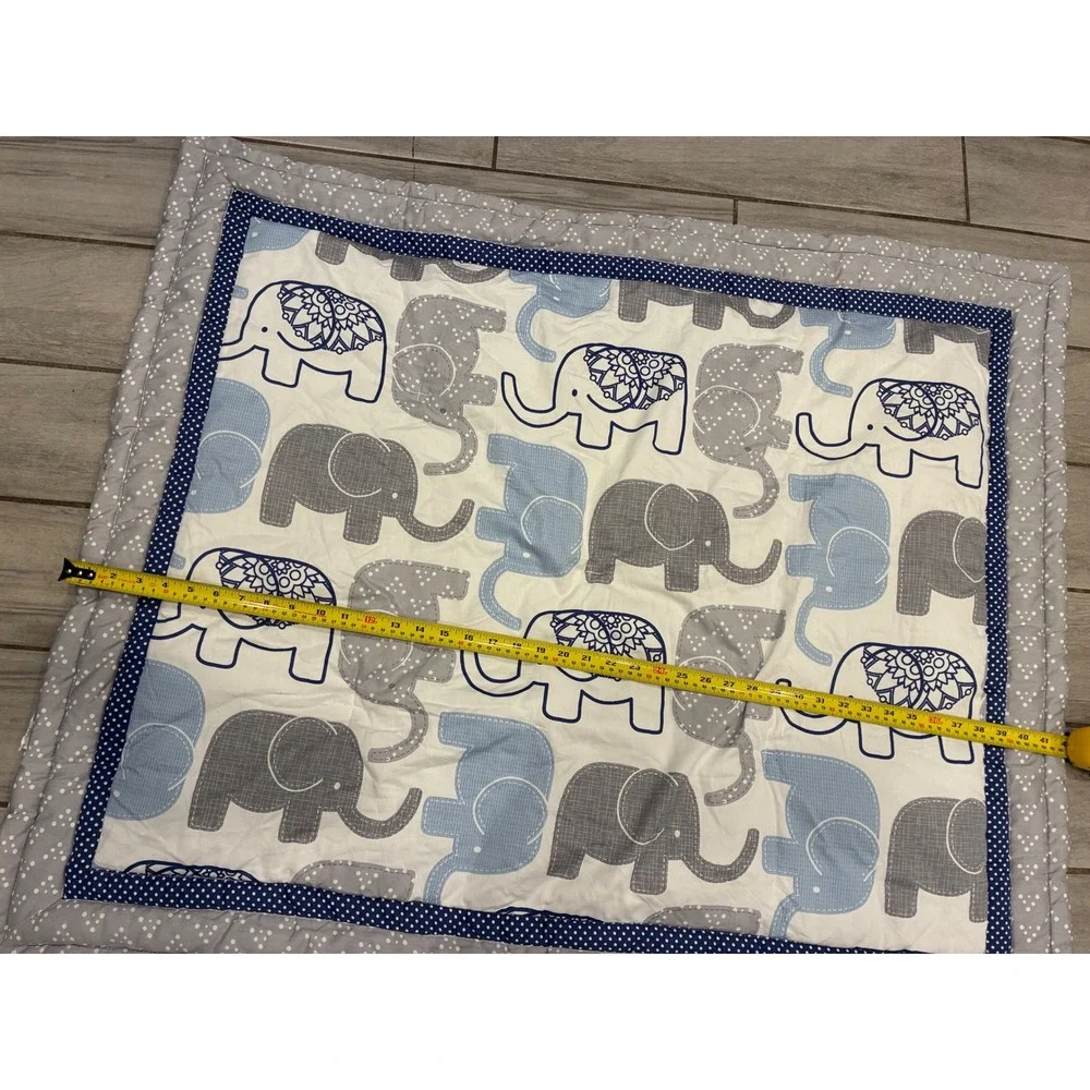 Baby Nursery Elephant Quilt Blue Grey White Padded Crib Blanket 39x31